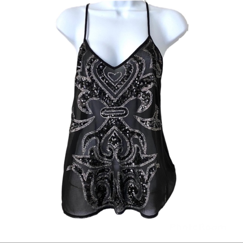 Express black/silver sequin sheer tank